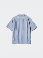 Cotton Linen Open Collar Shirt | Short Sleeve Striped