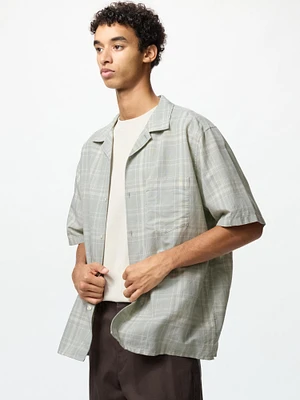 Cotton Linen Open Collar Shirt | Short Sleeve | Checked