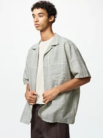 Cotton Linen Open Collar Shirt | Short Sleeve | Checked