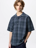 Cotton Linen Open Collar Shirt | Short Sleeve | Checked