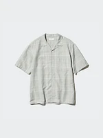 Cotton Linen Open Collar Shirt | Short Sleeve Checked