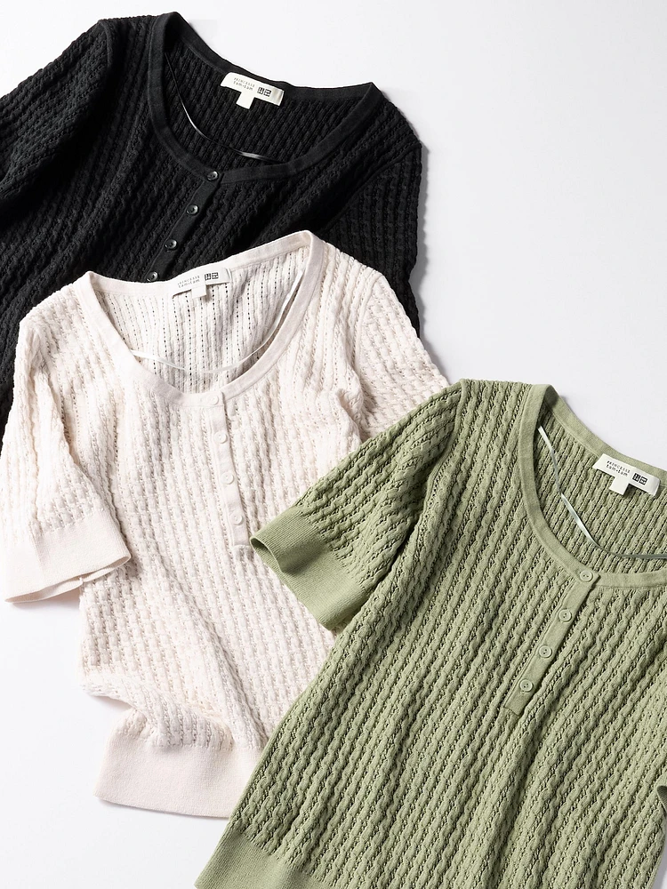 POINTELLE KNIT HENLEY NECK SWEATER