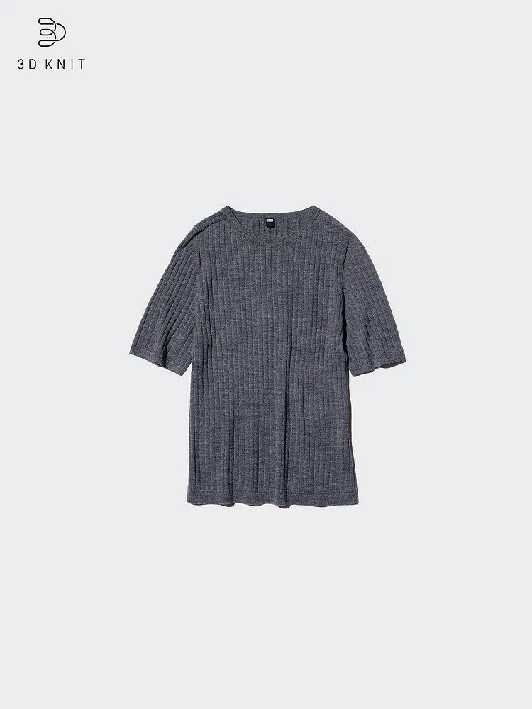 3D KNIT MERINO RIBBED CREW NECK SWEATER