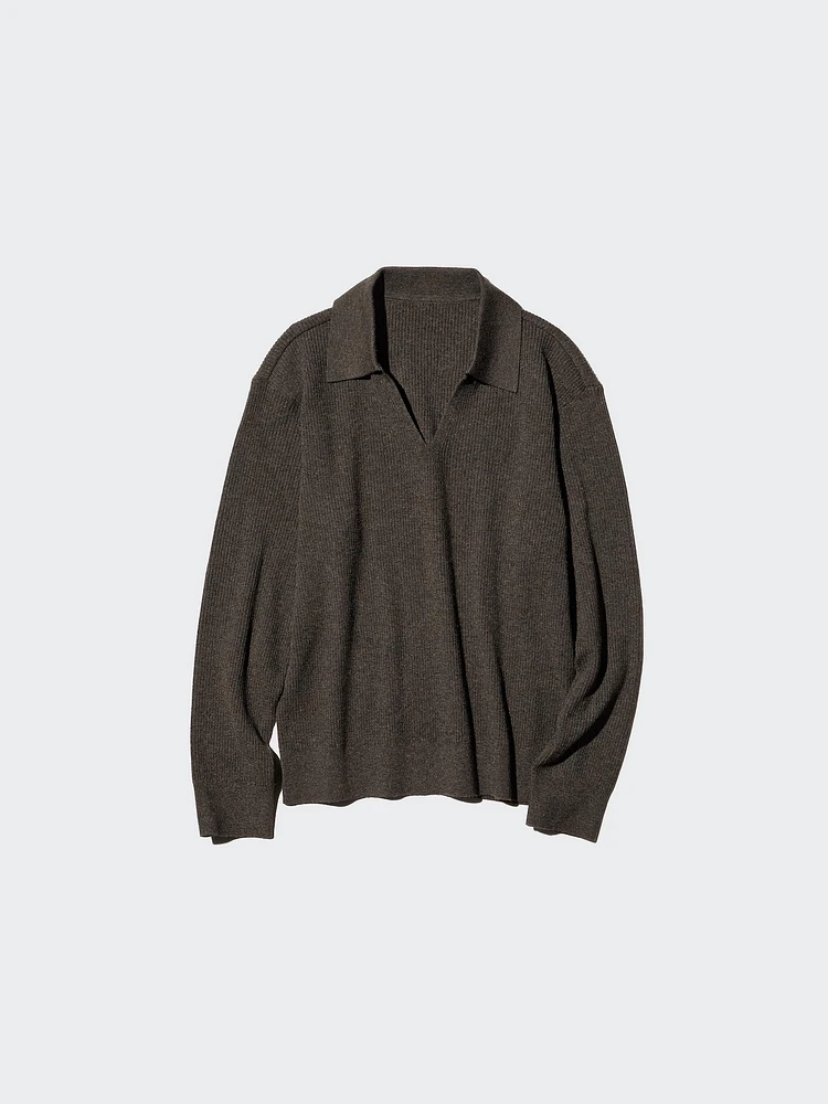 WASHABLE KNIT RIBBED POLO SWEATER