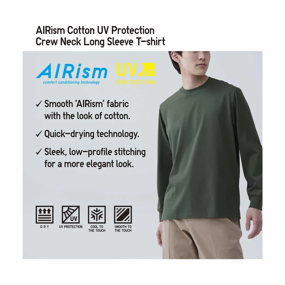 AIRism Cotton UV Protection Crew Neck Long-Sleeve T-Shirt (2022 Edition), UNIQLO US