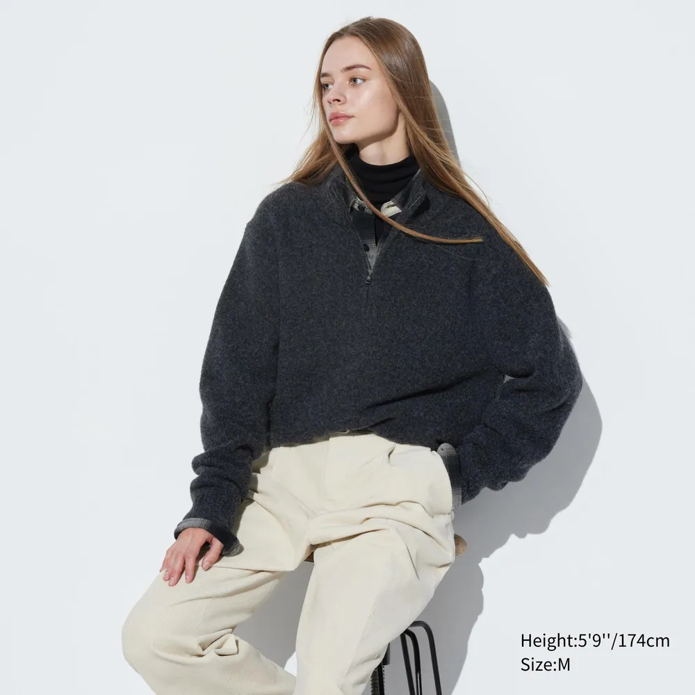 Oversized Half-zip Sweater - Light beige - Ladies