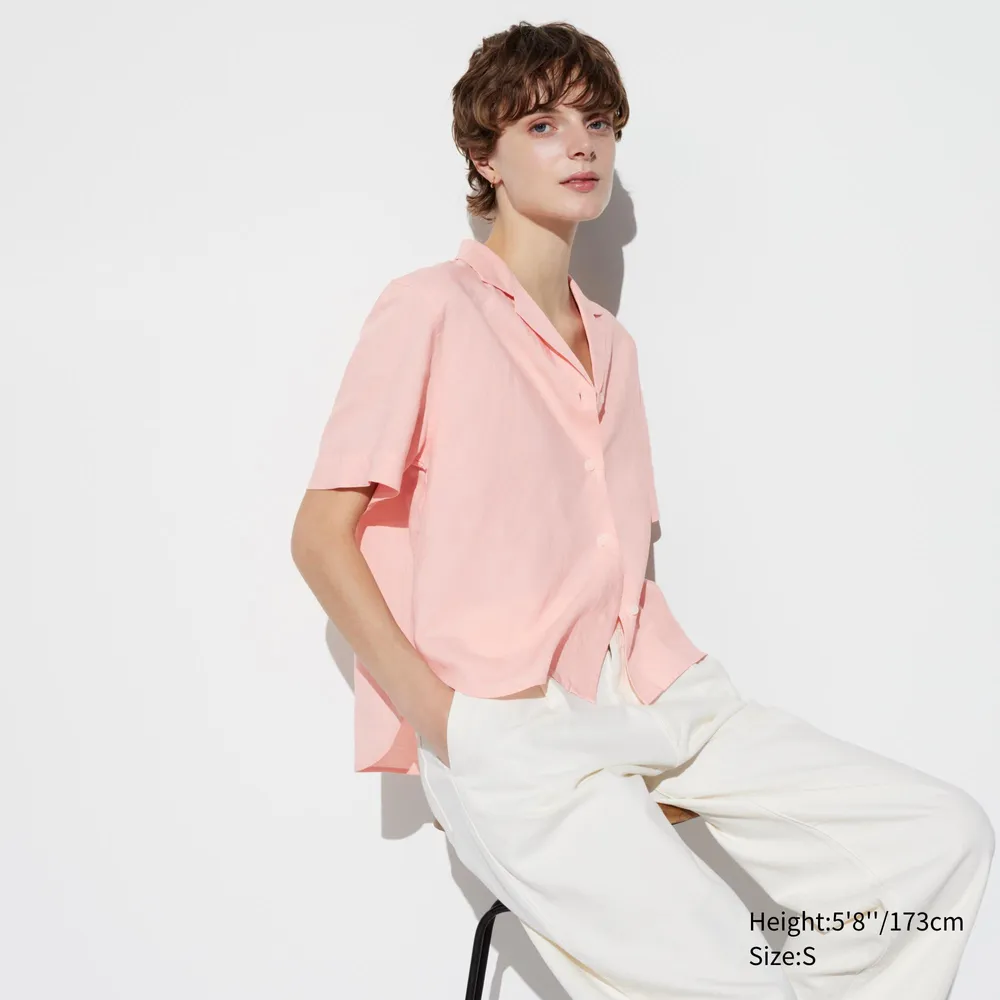 LINEN BLEND OPEN COLLAR SHORT SLEEVE SHIRT