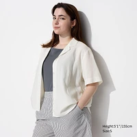 LINEN BLEND OPEN COLLAR SHORT SLEEVE SHIRT