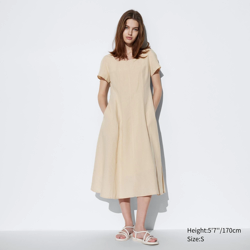 LINEN BLEND SQUARE NECK SHORT SLEEVE DRESS