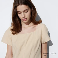 LINEN BLEND SQUARE NECK SHORT SLEEVE DRESS