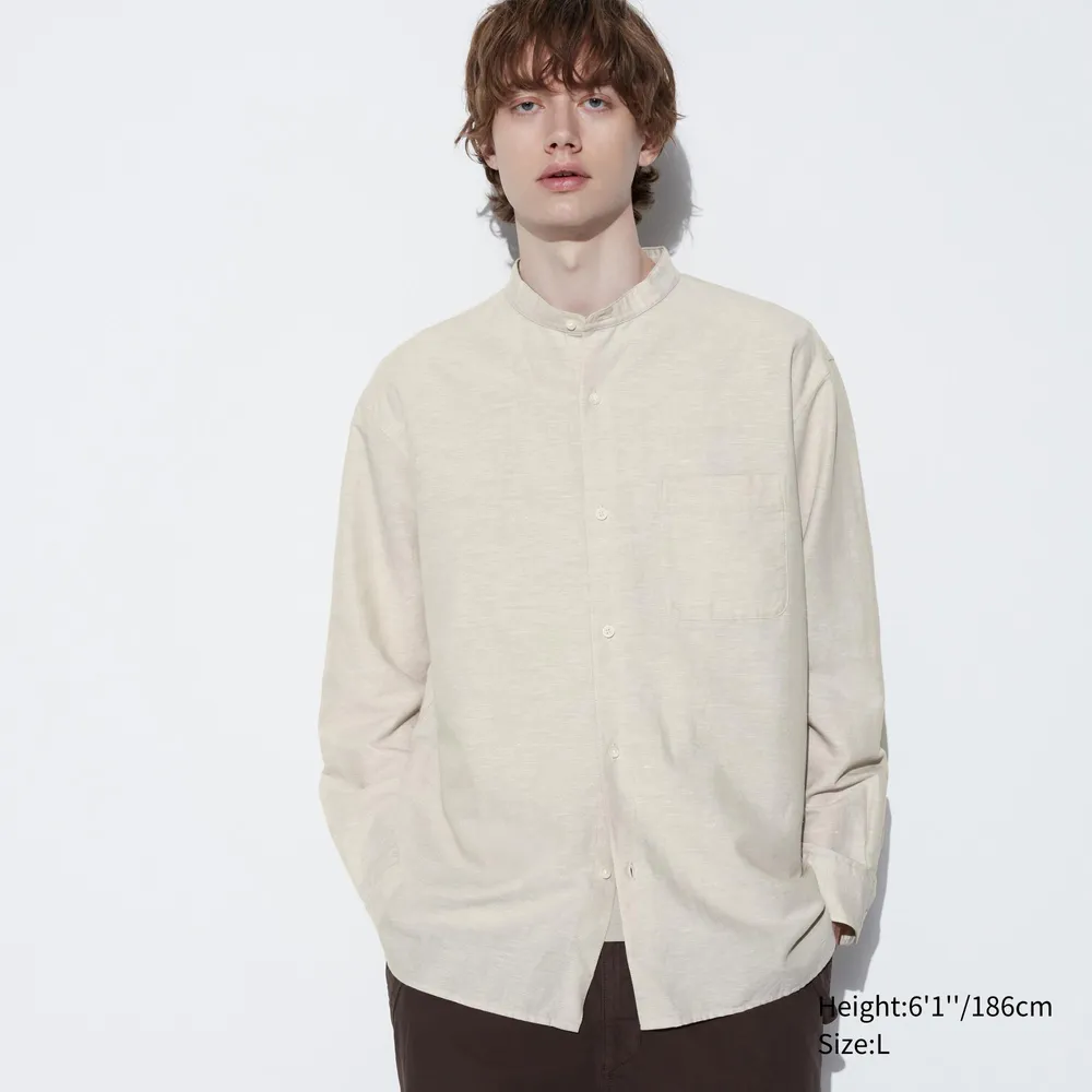 COTTON LINEN STAND COLLAR LONG SLEEVE SHIRT