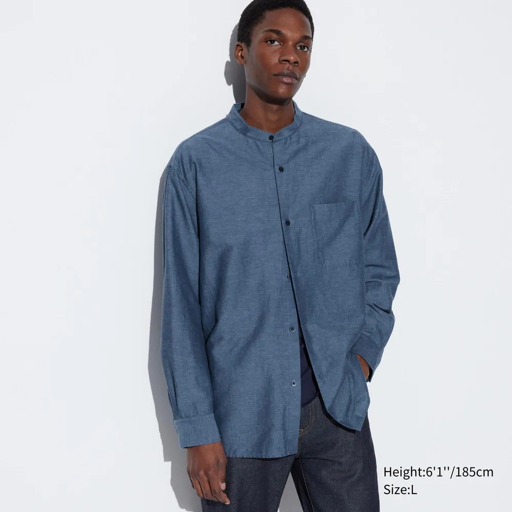 COTTON LINEN STAND COLLAR LONG SLEEVE SHIRT