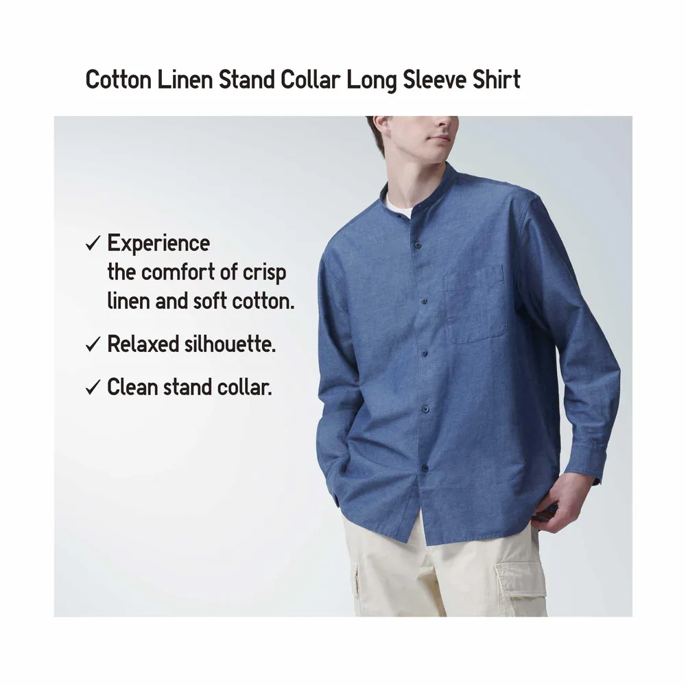 COTTON LINEN STAND COLLAR LONG SLEEVE SHIRT