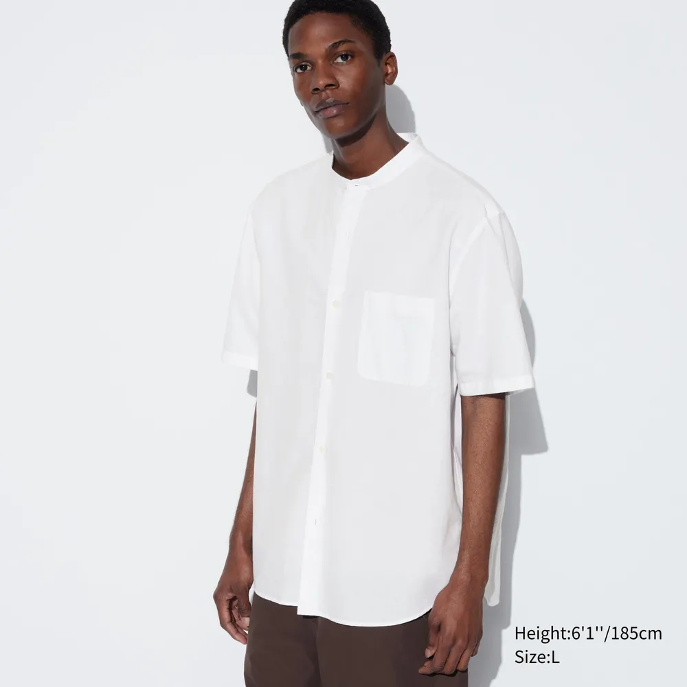 COTTON LINEN STAND COLLAR SHORT SLEEVE SHIRT