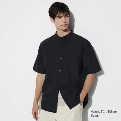 COTTON LINEN STAND COLLAR SHORT SLEEVE SHIRT