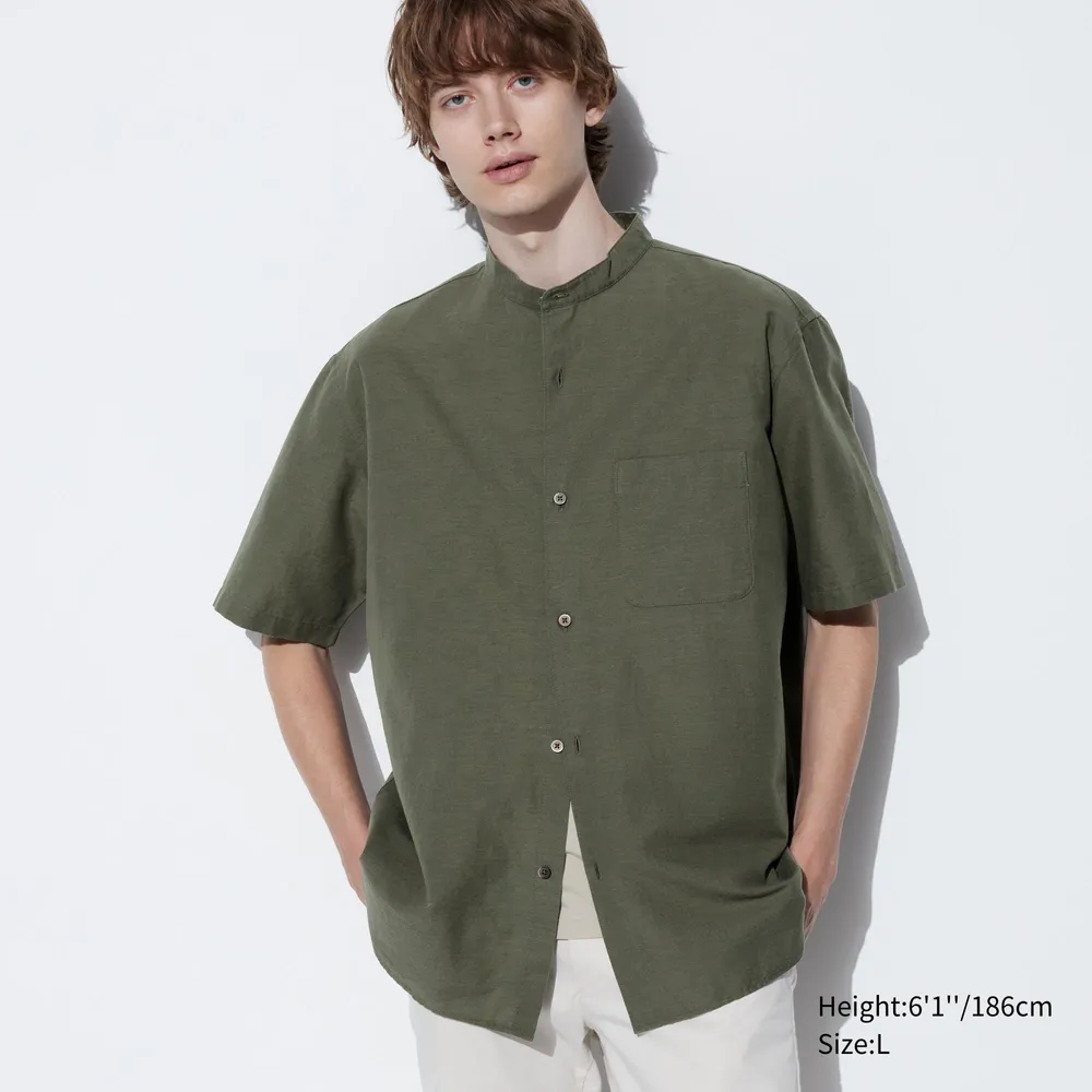 COTTON LINEN STAND COLLAR SHORT SLEEVE SHIRT