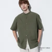 COTTON LINEN STAND COLLAR SHORT SLEEVE SHIRT