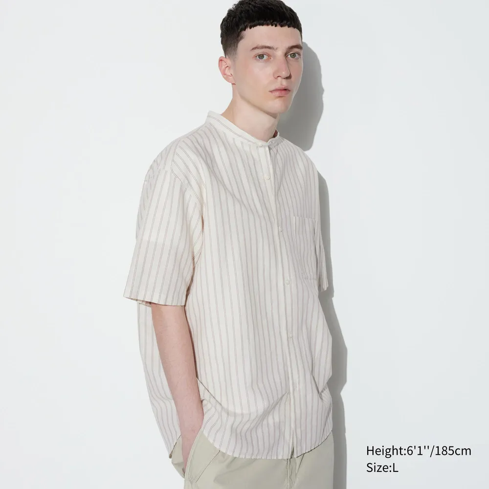 COTTON LINEN STAND COLLAR STRIPED SHORT SLEEVE SHIRT