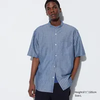 COTTON LINEN STAND COLLAR STRIPED SHORT SLEEVE SHIRT