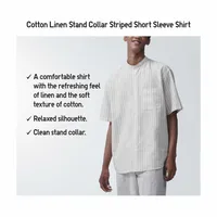 COTTON LINEN STAND COLLAR STRIPED SHORT SLEEVE SHIRT