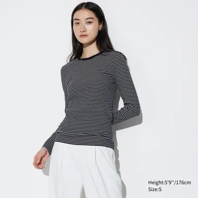 SOFT RIBBED STRIPED CREW NECK LONG SLEEVE T-SHIRT