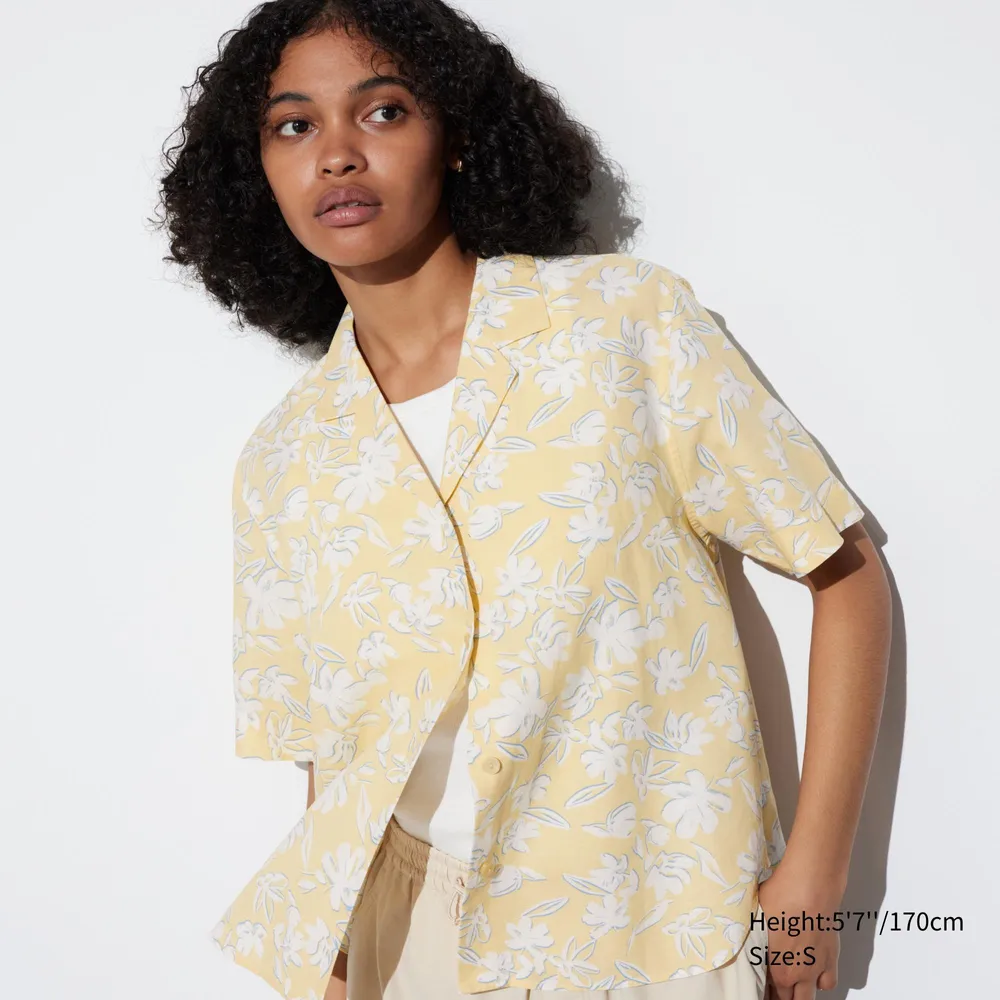 LINEN BLEND PRINTED OPEN COLLAR SHORT SLEEVE SHIRT