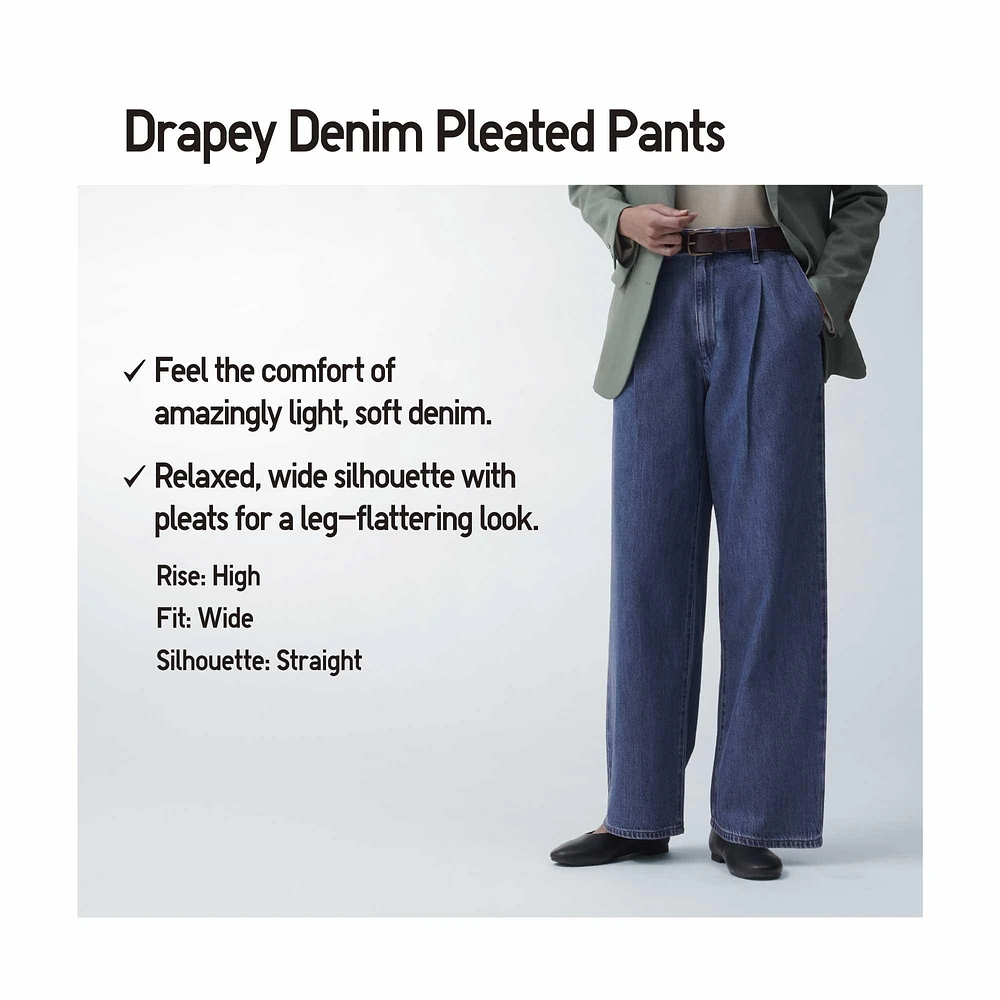 DRAPEY DENIM PLEATED PANTS