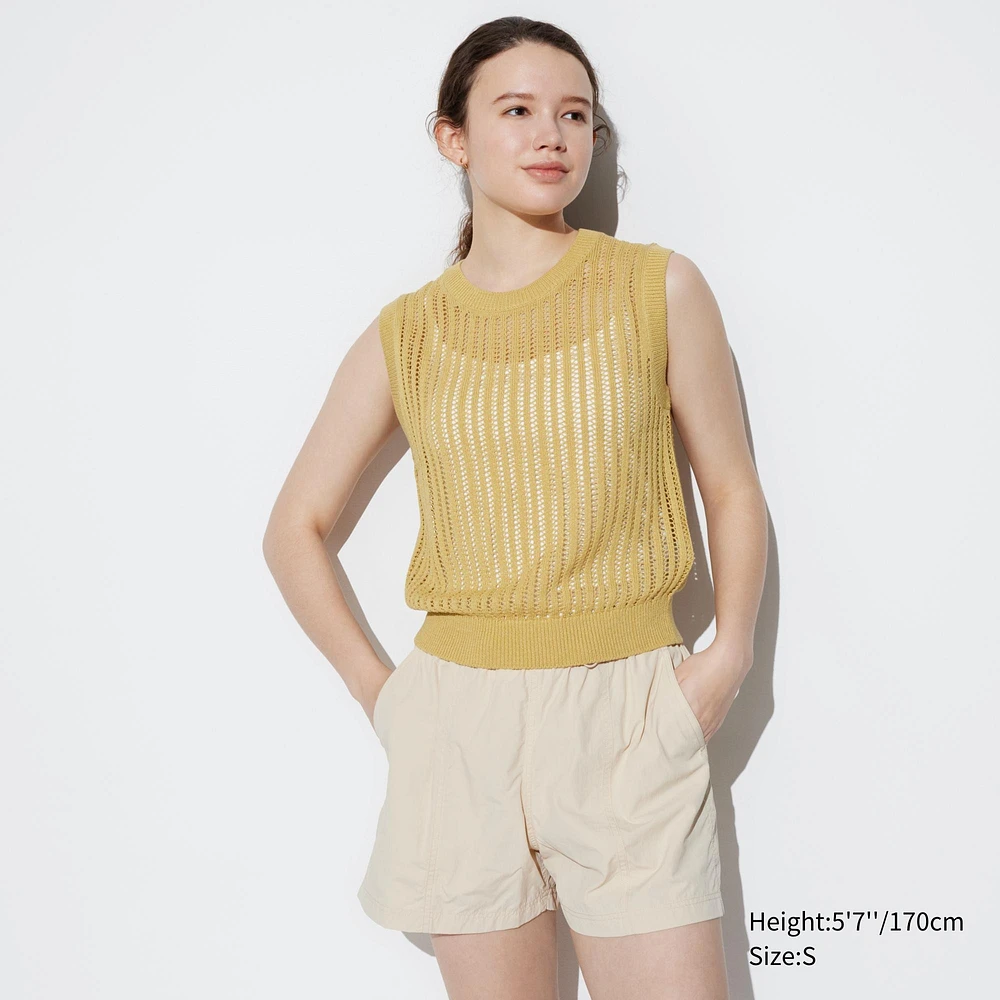 MESH CREW NECK SLEEVELESS SHORT SWEATER