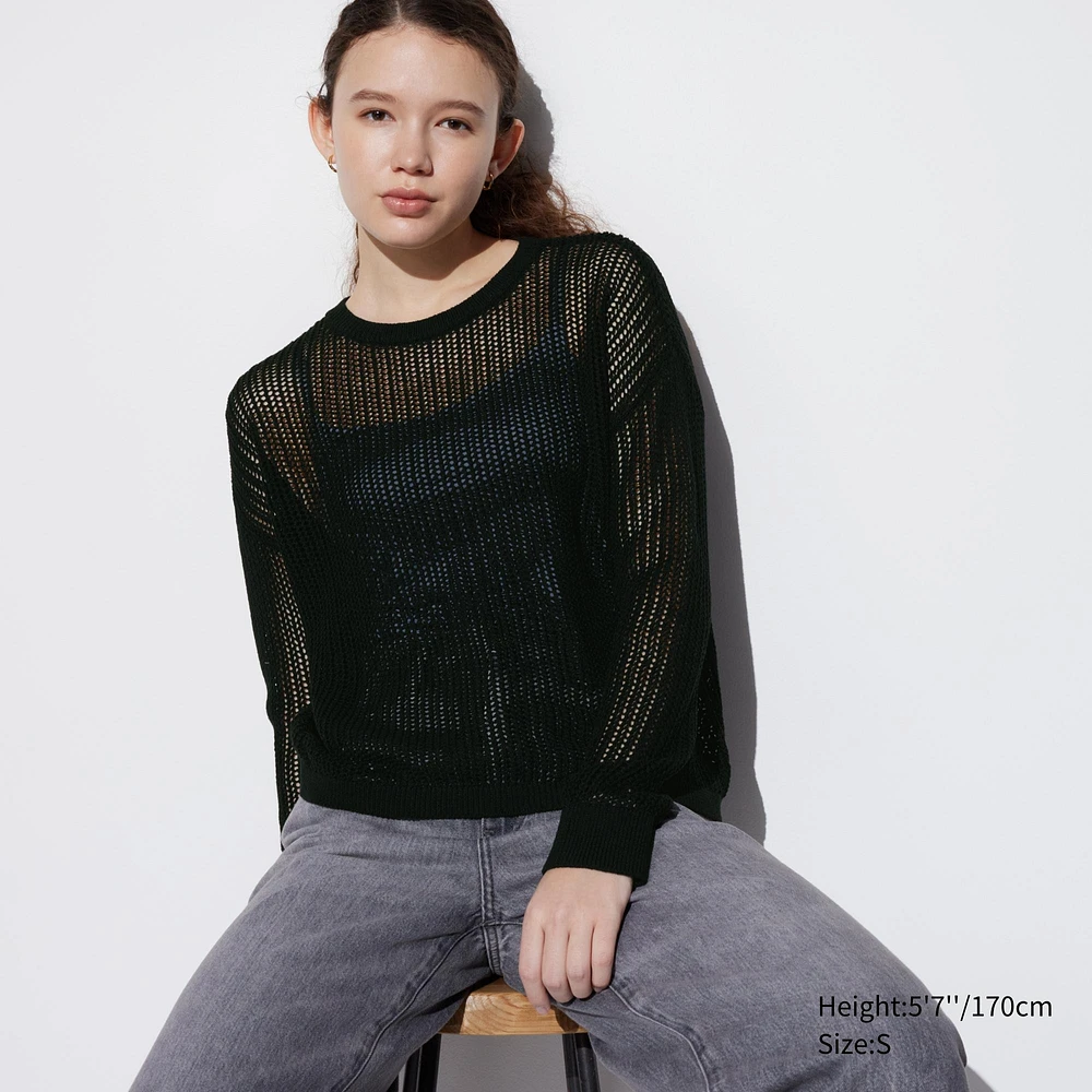 MESH CREW NECK LONG SLEEVE SWEATER