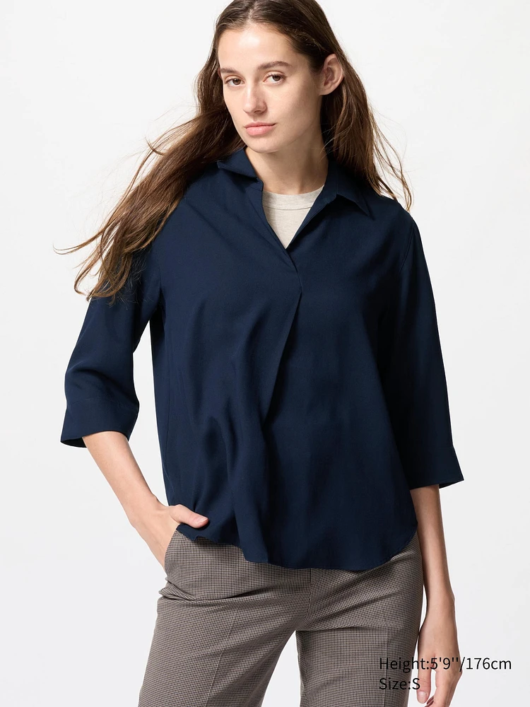 RAYON 3/4 SLEEVE SKIPPER COLLAR BLOUSE