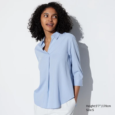 RAYON SKIPPER COLLAR STRIPED 3/4 SLEEVE BLOUSE