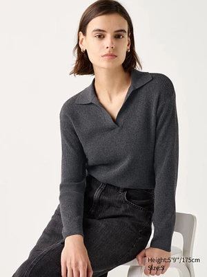 WASHABLE KNIT RIBBED POLO SWEATER