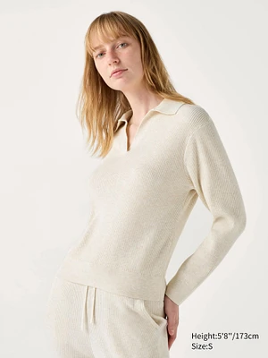 WASHABLE KNIT RIBBED POLO SWEATER