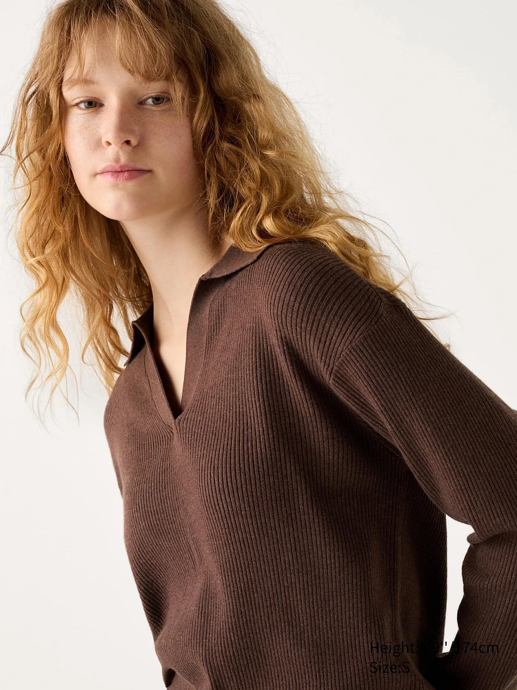 WASHABLE KNIT RIBBED POLO SWEATER