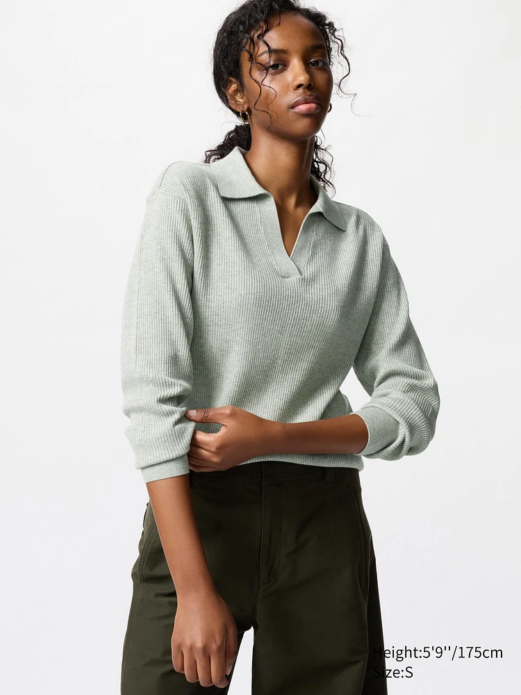 WASHABLE KNIT RIBBED POLO SWEATER