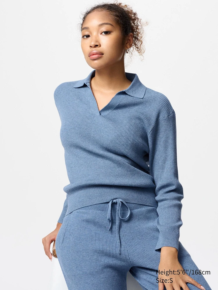 WASHABLE KNIT RIBBED POLO SWEATER