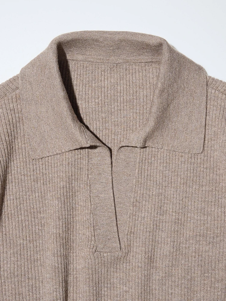 WASHABLE KNIT RIBBED POLO SWEATER