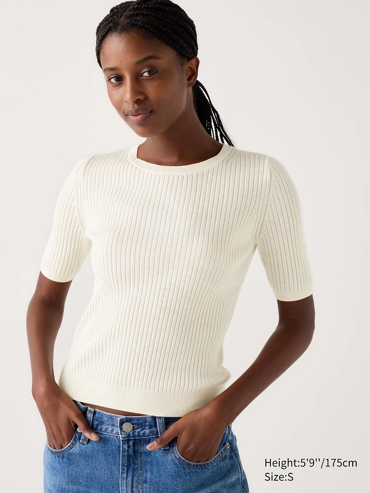 MERINO RIBBED CREW NECK SWEATER HALF SLEEVE