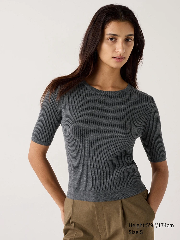 MERINO RIBBED CREW NECK SWEATER HALF SLEEVE