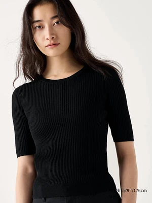 MERINO RIBBED CREW NECK SWEATER HALF SLEEVE