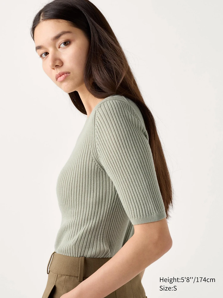 MERINO RIBBED CREW NECK SWEATER HALF SLEEVE