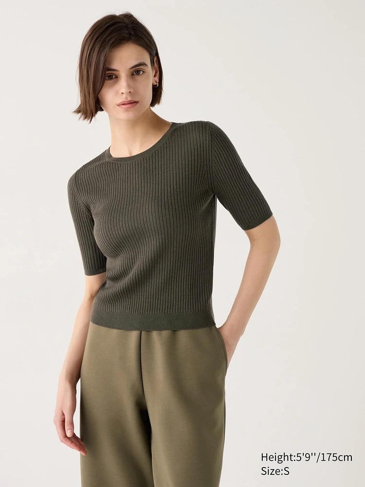 MERINO RIBBED CREW NECK SWEATER HALF SLEEVE