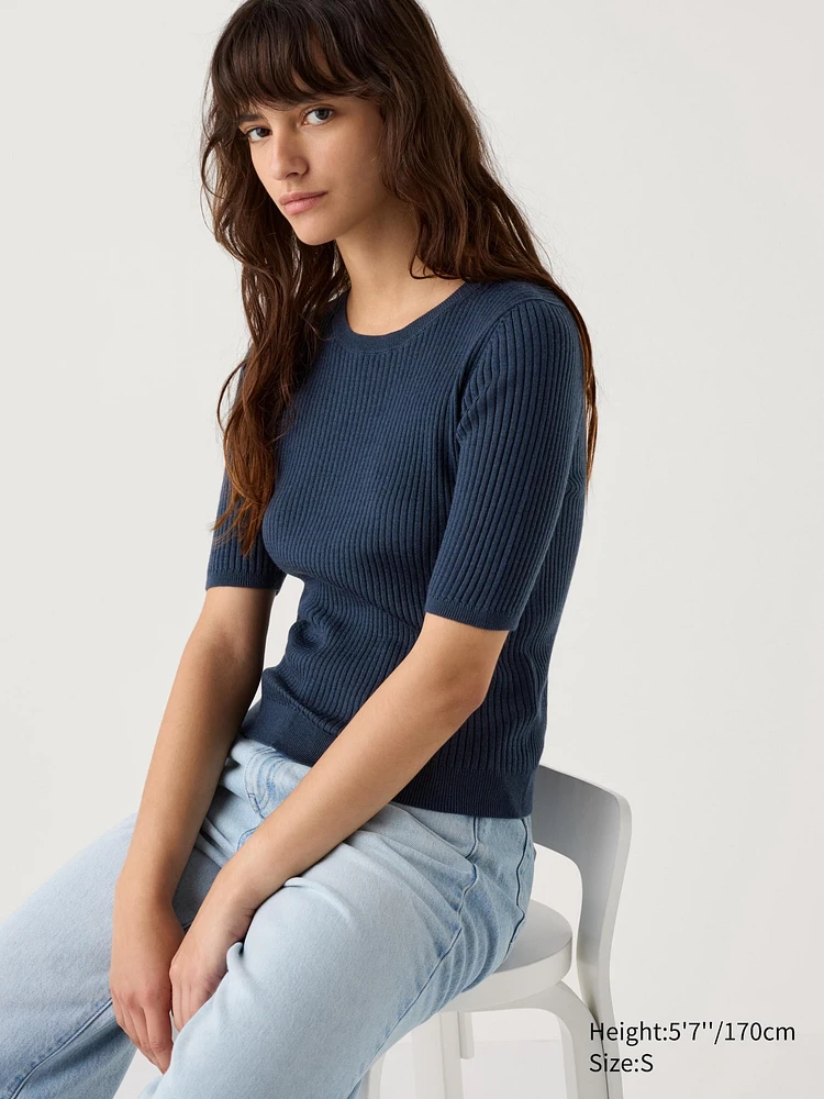 MERINO RIBBED CREW NECK SWEATER HALF SLEEVE