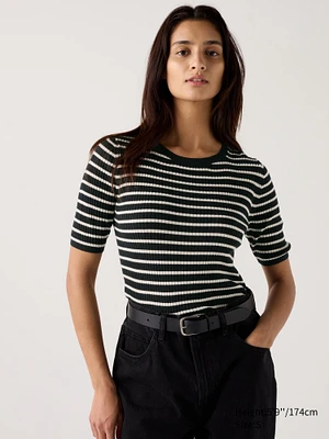 MERINO RIBBED CREW NECK SWEATER  | HALF -SLEEVE