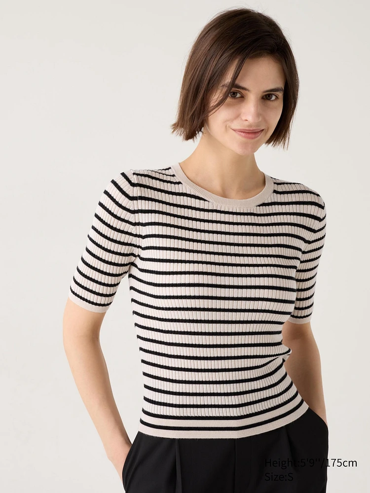 MERINO RIBBED CREW NECK SWEATER  | HALF -SLEEVE