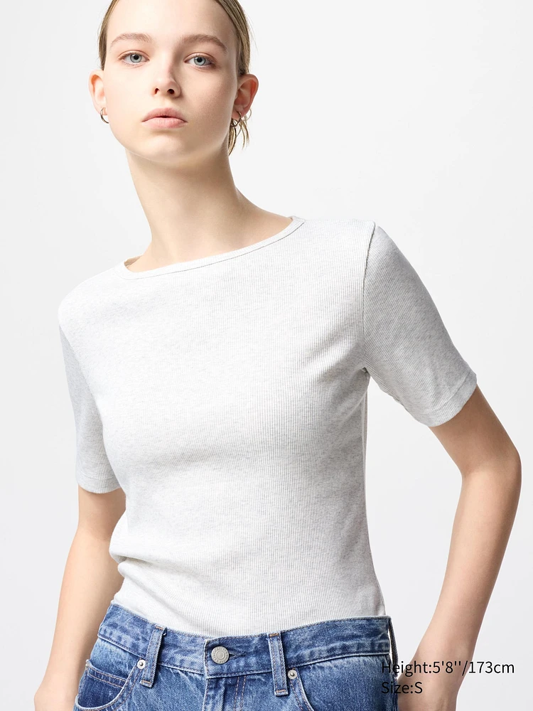 RIBBED BOAT NECK HALF SLEEVE T-SHIRT