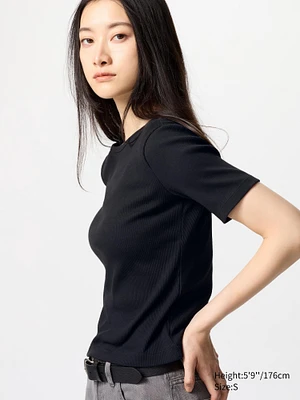 RIBBED BOAT NECK HALF SLEEVE T-SHIRT