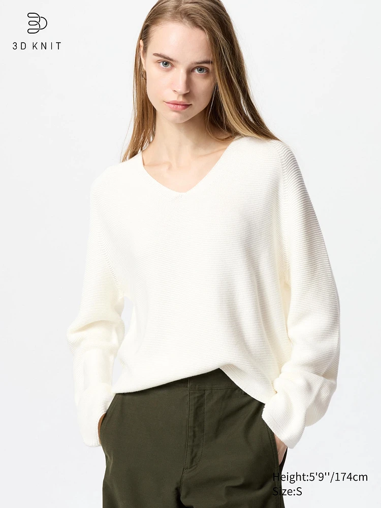 3D KNIT COTTON RELAXED V NECK SWEATER