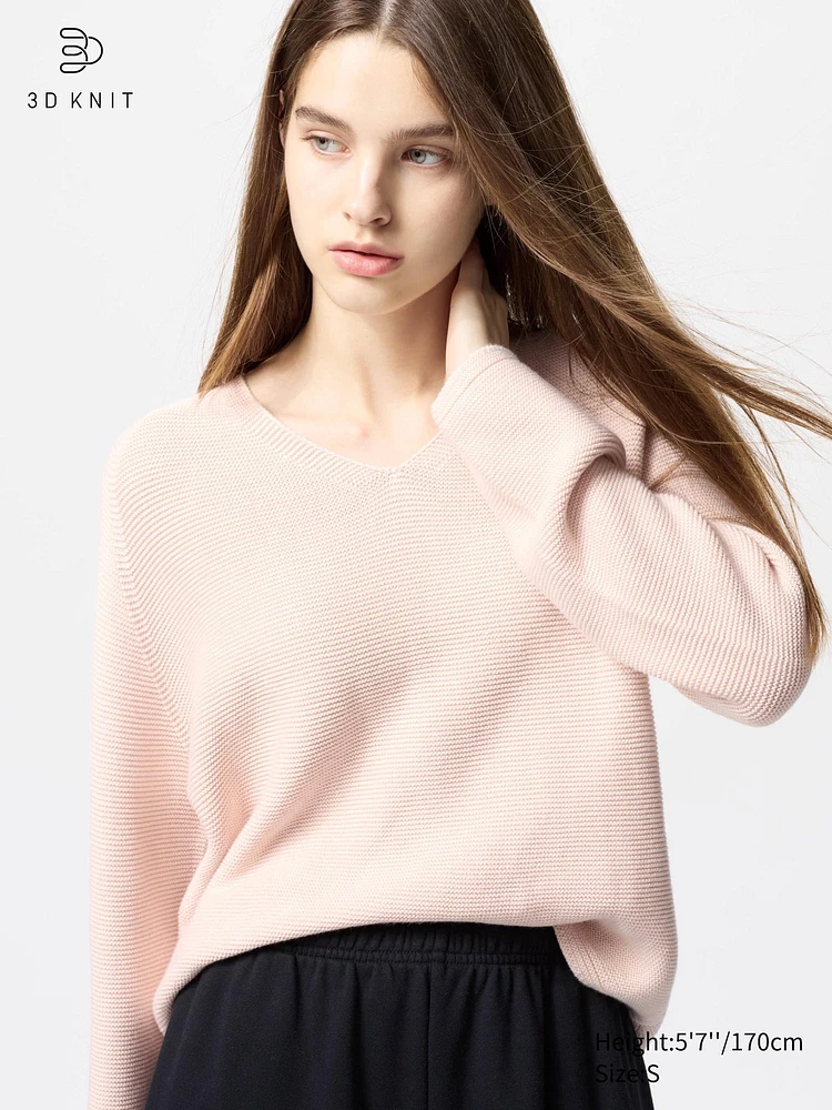 3D KNIT COTTON RELAXED V NECK SWEATER