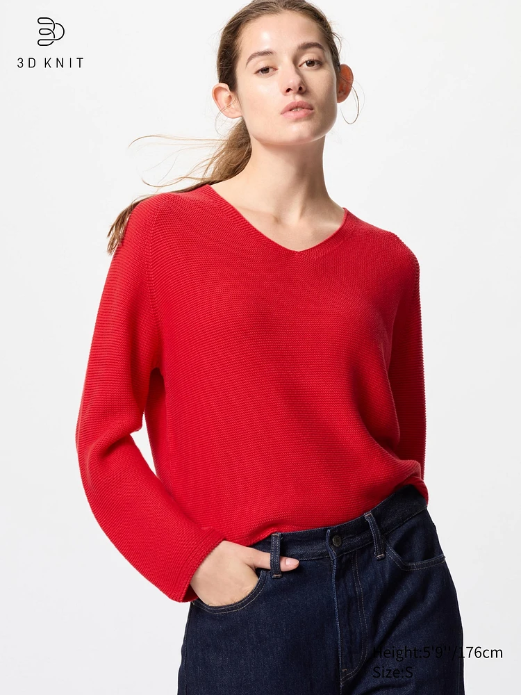 3D KNIT COTTON RELAXED V NECK SWEATER